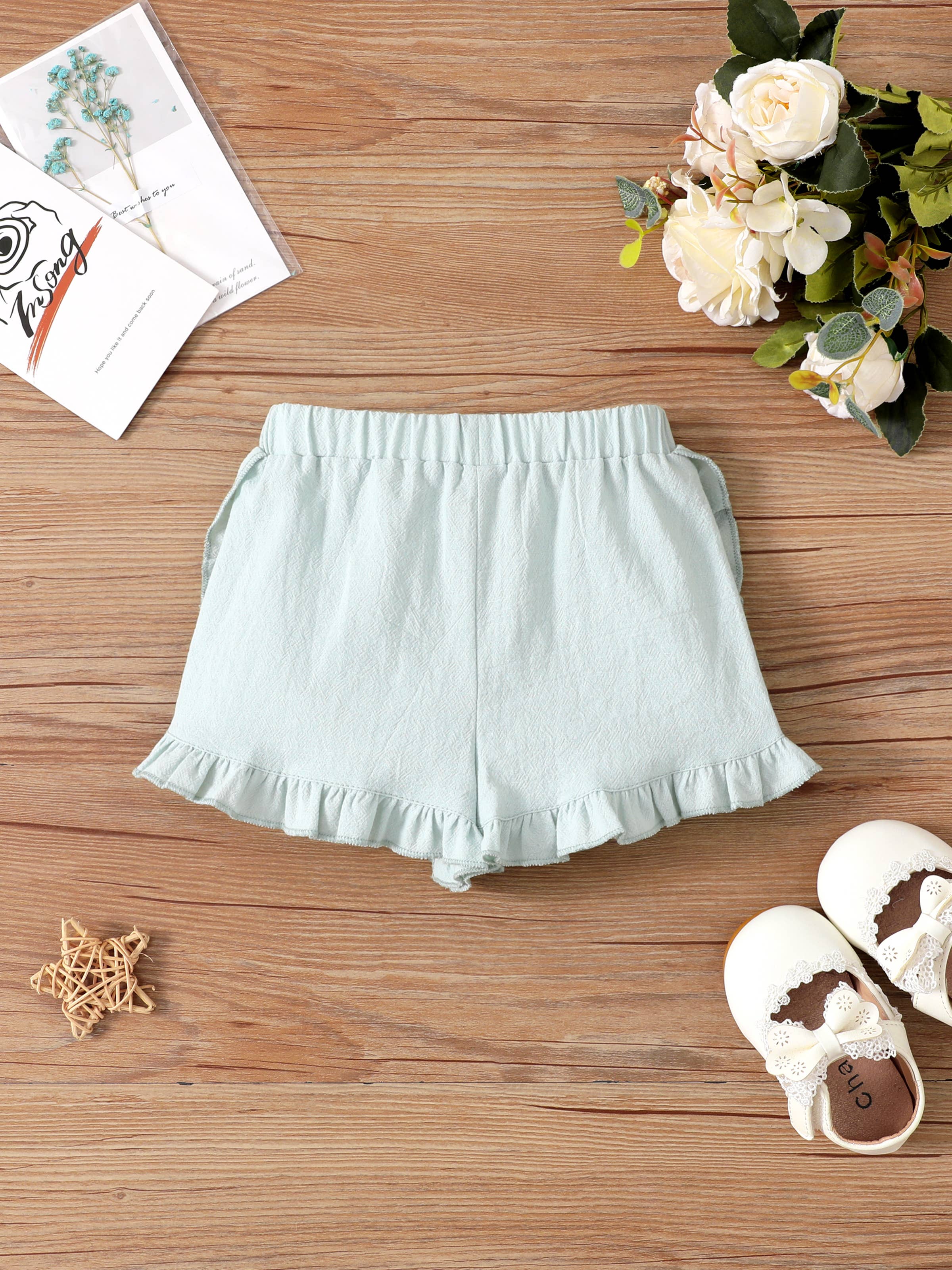 Green Cotton Ruffle Trim Shorts