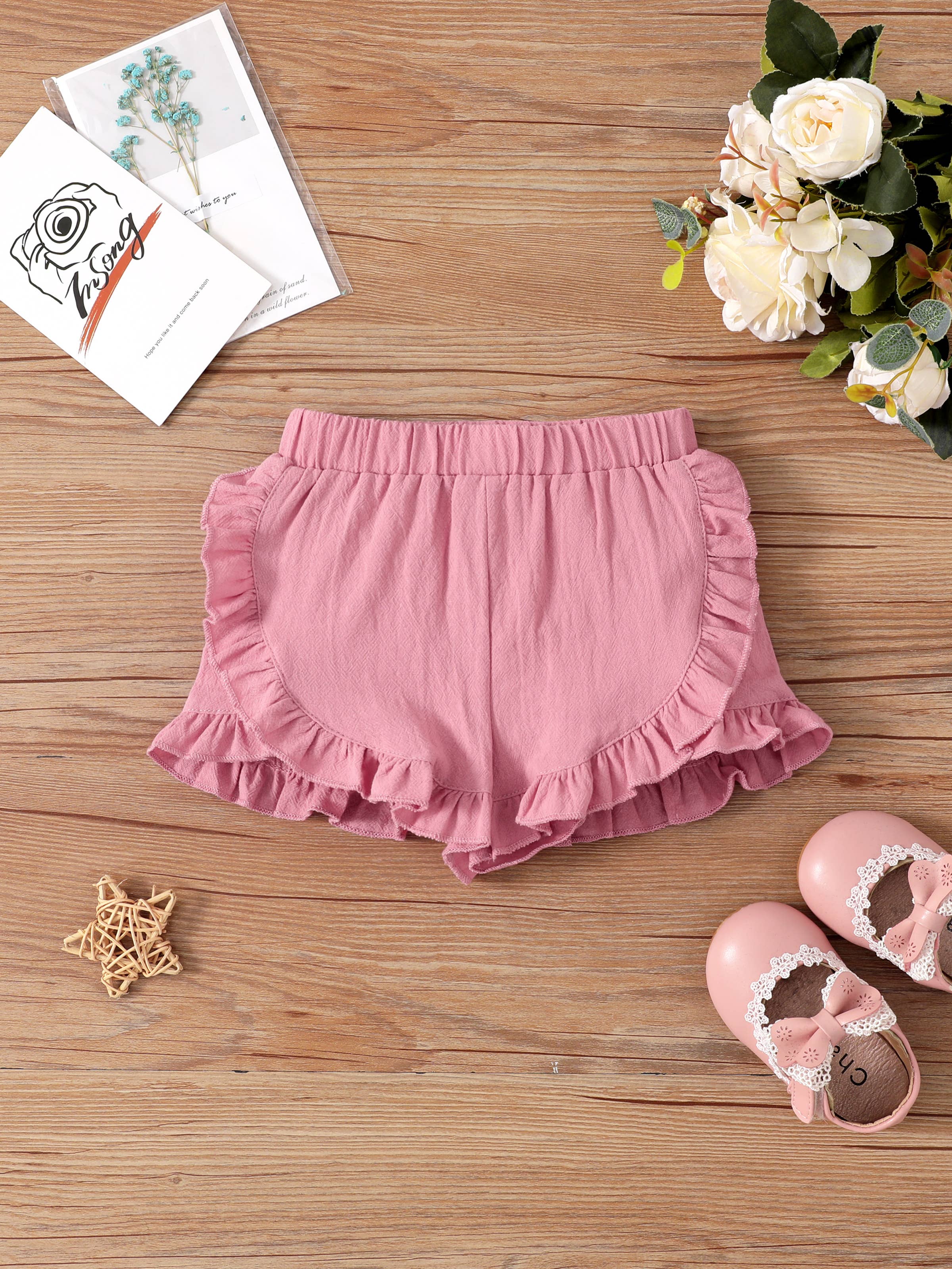 Pink Cotton Ruffle Trim Baby Girl Shorts