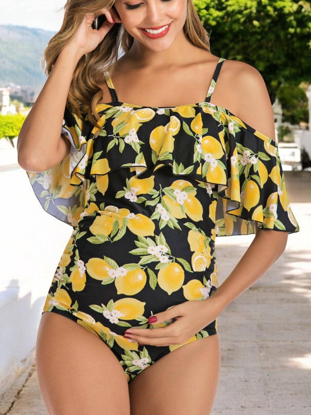 Off Shoulder Lemon Print Maternity Swimsuit