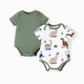 2-Pack Green Solid & Dinosaur Printed Bodysuit