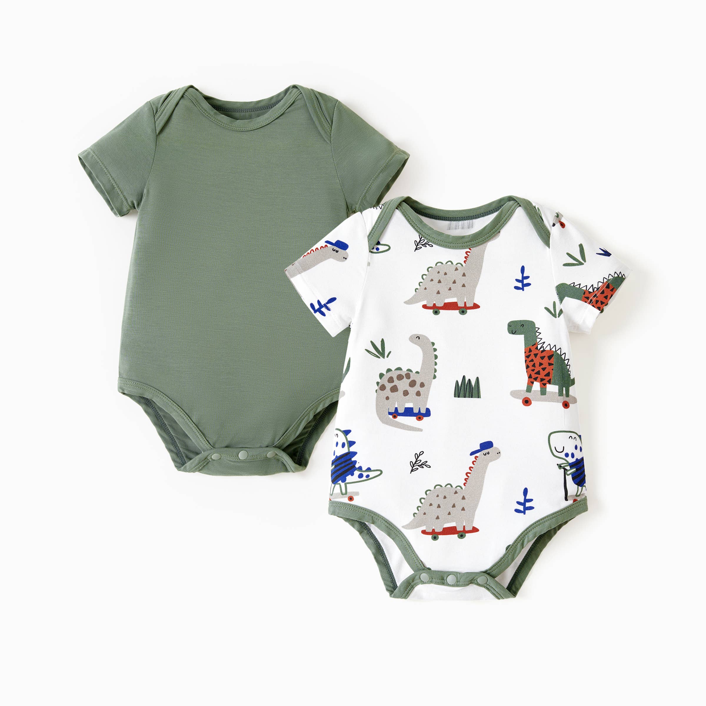 2-Pack Green Solid & Dinosaur Printed Bodysuit