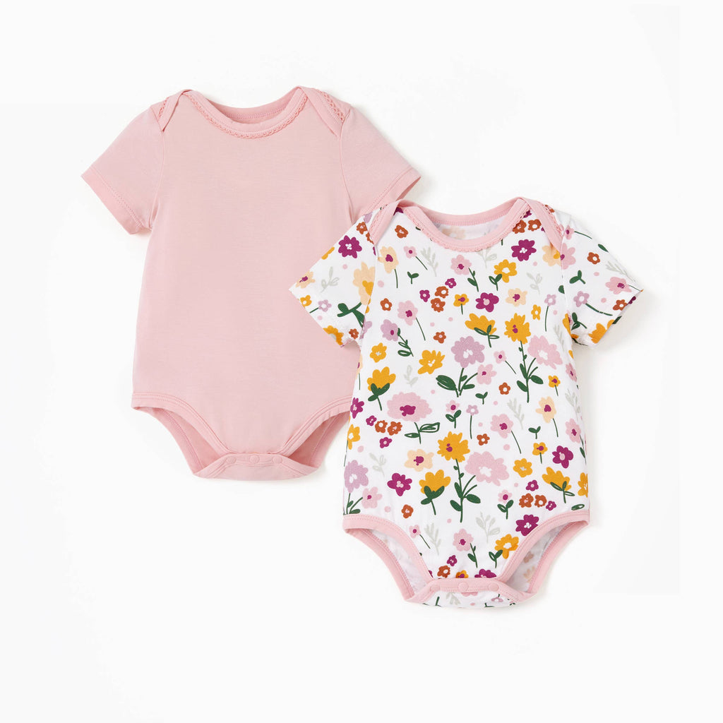 2-Pack Bamboo Pink Solid & Floral Printed Bodysuits