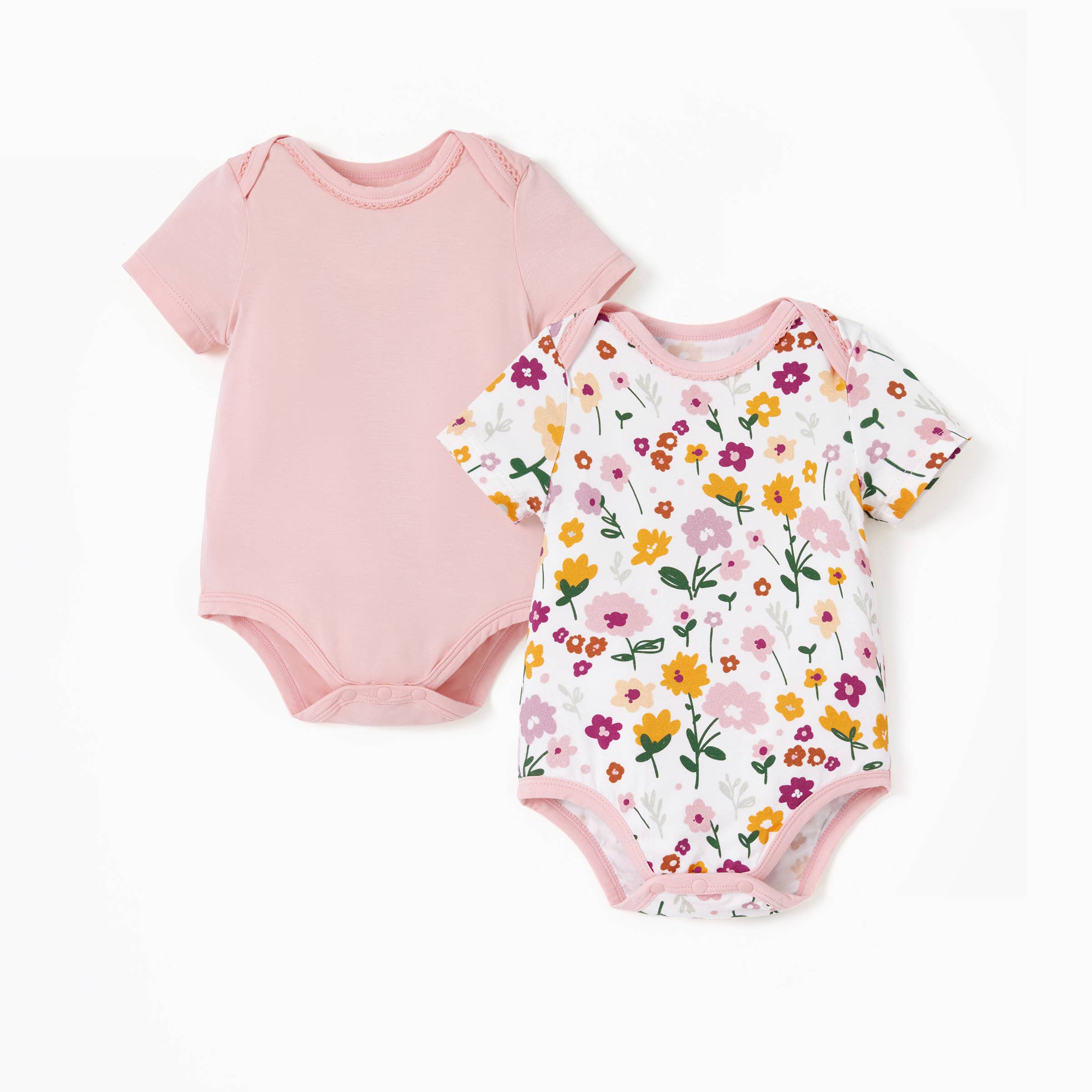 2-Pack Bamboo Pink Solid & Floral Printed Bodysuits