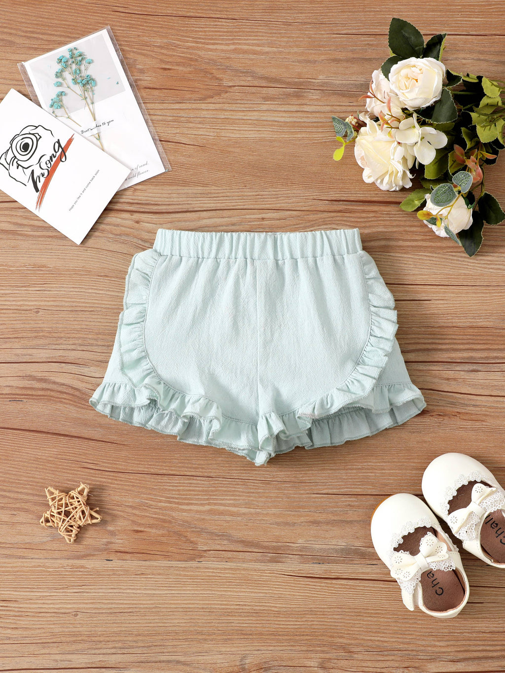 Green Cotton Ruffle Trim Shorts