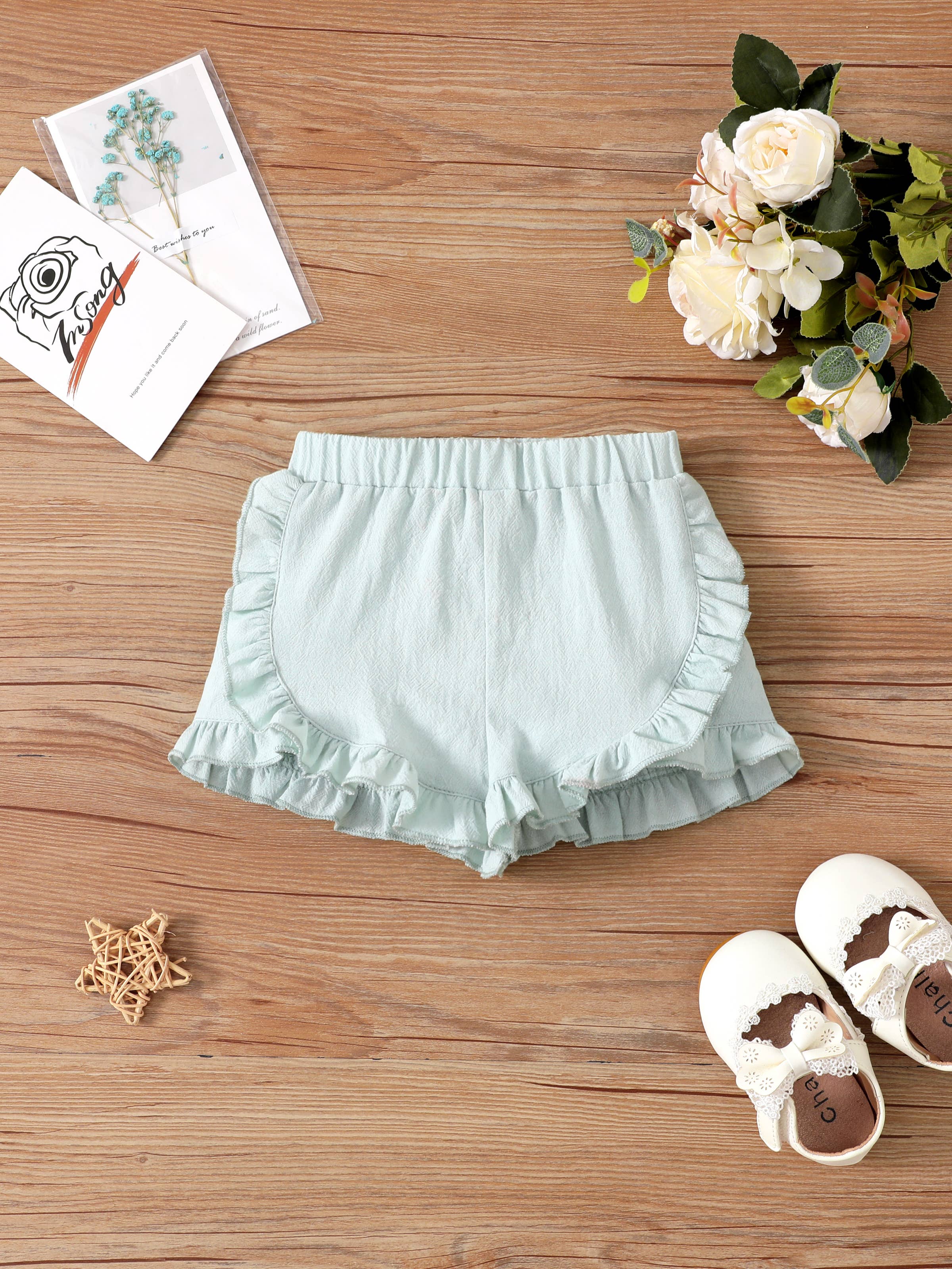 Green Cotton Ruffle Trim Shorts